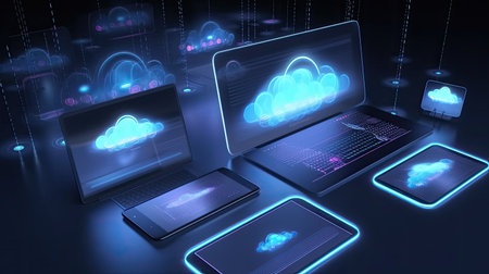 Cloud computing concept in blue and black 3D illustration. Laptop, smartphone, tablet pc and cloud computingの素材