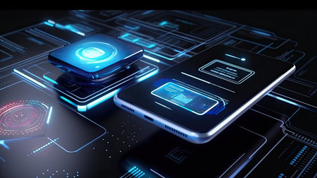 Smartphone with digital security concept. 3d rendering toned imageの素材