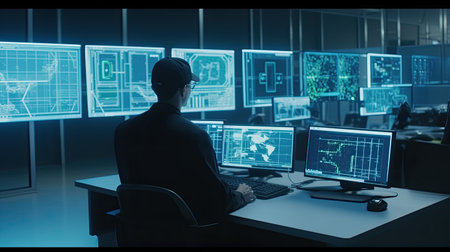 Rear view of hacker sitting at table in dark room with computersの素材