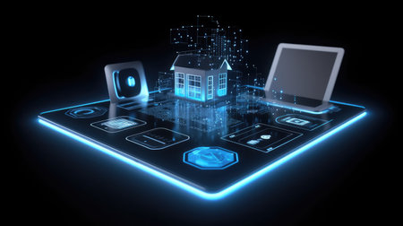 Smartphone with hologram house on dark background. 3D renderingの素材