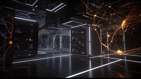 Futuristic server room with glowing wireframe. 3D renderingの素材