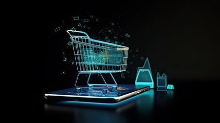 Smartphone with shopping cart and icons on dark background 3D renderingの素材
