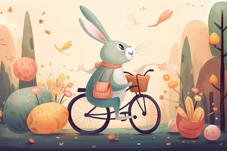 Easter bunny with basket on bike in the park. Vector illustrationの素材