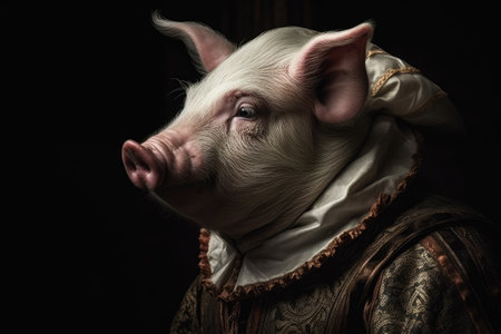 Portrait of a pig in a medieval costume on a black backgroundの素材