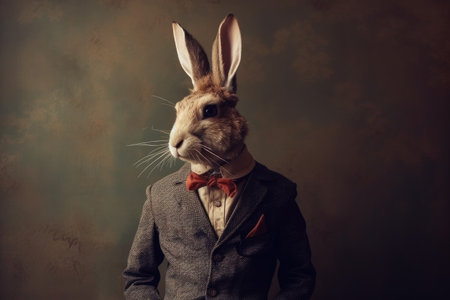 Rabbit in a suit and bow tie. Retro style photo.の素材