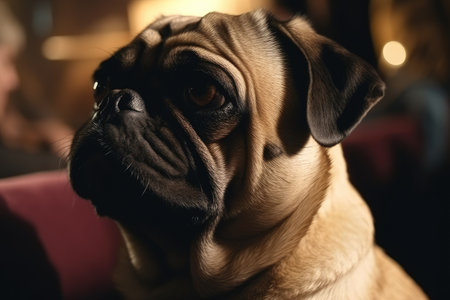 Portrait of a pug dog on a chair in a roomの素材