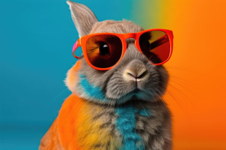 Funny bunny wearing sunglasses on color background. Easter holiday concept.の素材
