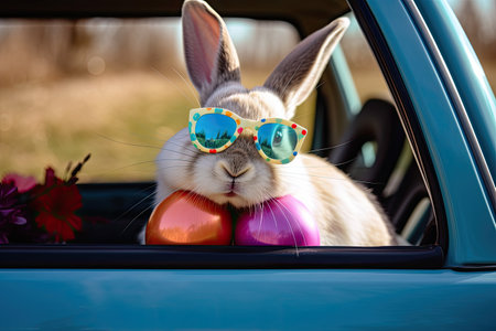 Rabbit in sunglasses sitting in the car and looking out the windowの素材