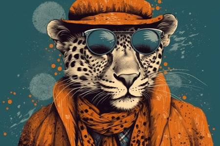 Leopard in a hat, coat and sunglasses. Vector illustration.の素材