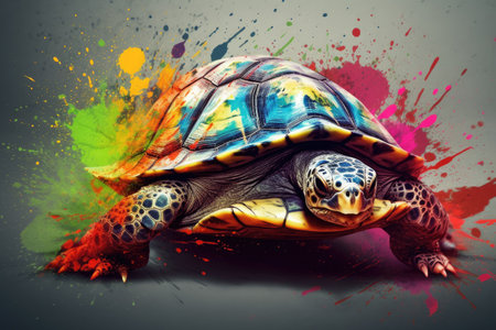 Turtle with colorful splashes on a gray background. 3d renderingの素材