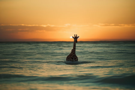 Giraffe in the sea at sunset, Giraffa camelopardalisの素材