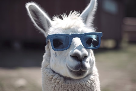 Portrait of a white llama with blue sunglasses in the parkの素材
