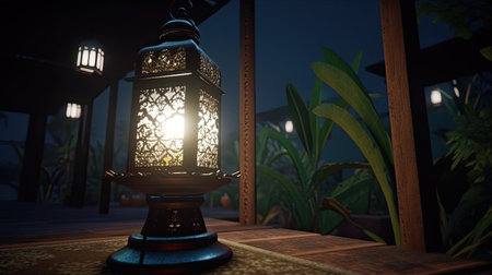 Lantern in the garden at night. 3D rendering.の素材