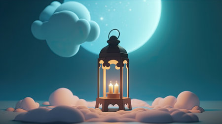3d rendering of Ramadan Kareem lantern with moon and clouds backgroundの素材