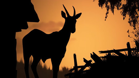 Silhouette of antelope at sunset in the forest. Vector illustrationの素材