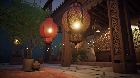 Lanterns in the courtyard at night. 3D renderingの素材