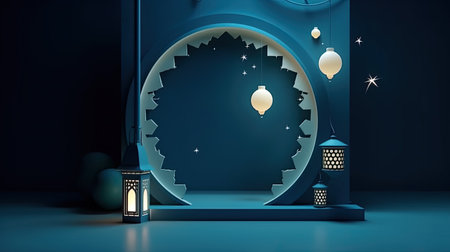 Ramadan Kareem background with arabic lanterns. 3D renderingの素材