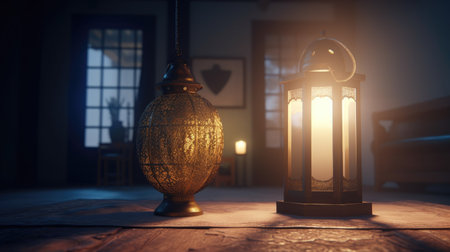 Ramadan Kareem background. Traditional Arabic lantern on wooden table. Ramadan Kareem backgroundの素材