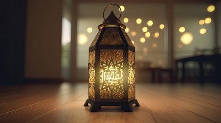 Arabic lantern with text Ramadan Kareem. 3d rendering.の素材