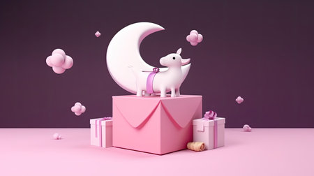 3d rendering of a white unicorn sitting on a pink podium with a gift box and a crescent moonの素材