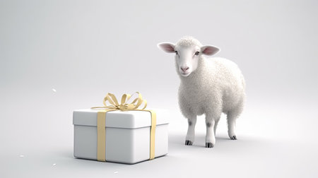 3d rendering of a white sheep standing next to a gift boxの素材