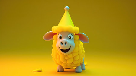 3d illustration of yellow sheep with party hat isolated on yellow backgroundの素材