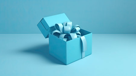 Blue gift box with bow on blue background. 3D rendering.の素材