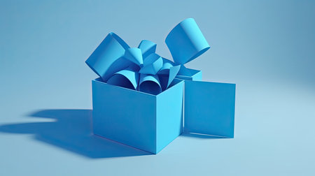 Blue gift box with bow on blue background. 3D rendering.の素材