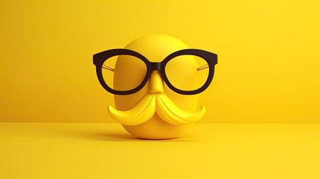 Funny yellow face with glasses and mustache. 3d illustration.の素材