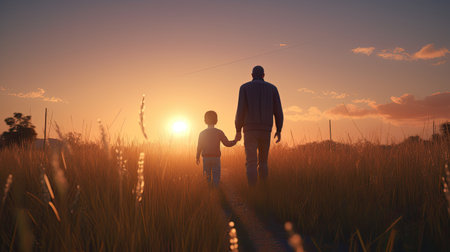 Father and son walking in the field at sunset. Concept of happy family.の素材