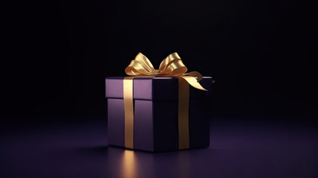 Gift box with golden bow on dark background. 3d renderingの素材