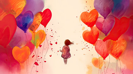 Illustration of a girl and heart-shaped balloons on a white backgroundの素材
