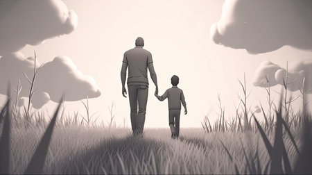 Conceptual image of father and son walking in the field.の素材