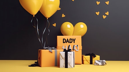 Happy father's day concept with yellow balloons and gift boxes. 3D Renderの素材