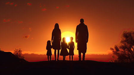 Silhouette of family with children on the background of the sunsetの素材