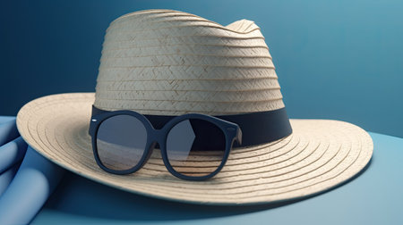 Summer hat and sunglasses on a blue background. 3d illustration.の素材