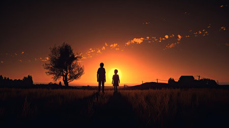 Silhouette of father and son walking in the field at sunsetの素材