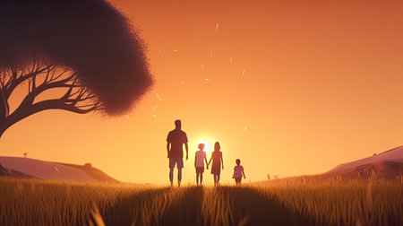 Family walking on grassy meadow at sunset, 3d renderの素材