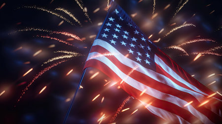 American flag and fireworks on dark sky background. 3D Renderingの素材