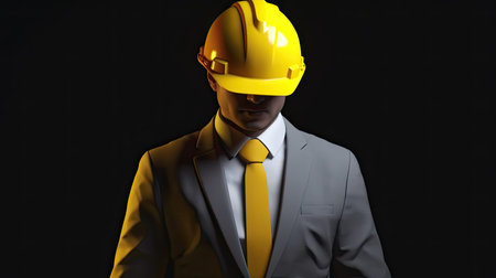3d rendering of a man in a yellow helmet and business suitの素材