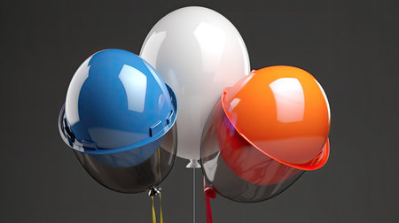 3d rendering of a group of colored balloons isolated on gray backgroundの素材