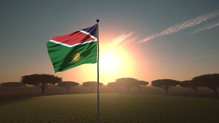 Namibia flag waving in the wind at sunrise 3D renderingの素材