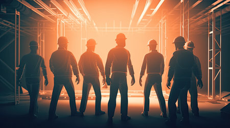 Silhouette of a group of workers in a construction site.の素材