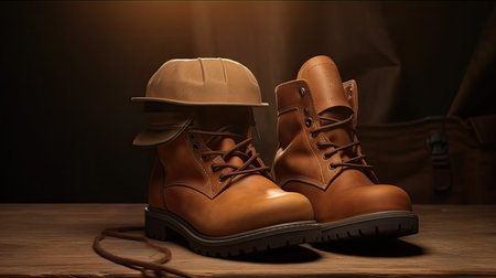 Pair of brown boots with a hard hat on a wooden tableの素材