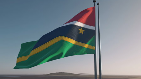 South African flag waving in the wind at sunset, 3d renderingの素材