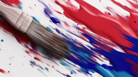 Paintbrush with blue and red paint splashes on white backgroundの素材