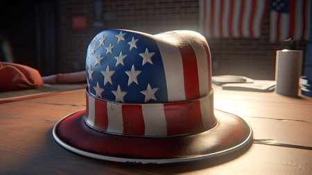 American football helmet with american flag on table. 3d illustrationの素材