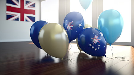 Australia balloon party in the room. 3D Render and Illustrationの素材