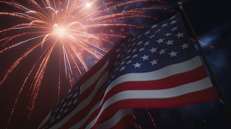 American flag and fireworks in the night sky. 3D rendering.の素材