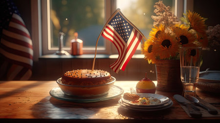 American flag on a piece of cake on a wooden table with sunflowersの素材